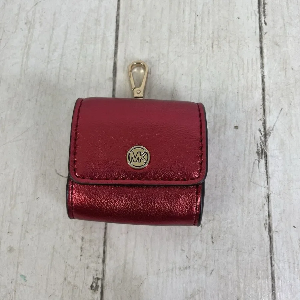Michael Kors Jet Set Metallic Red Coin /AirPods Case Key Chain MK Logo Bag